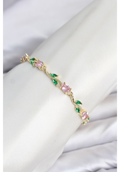 Pirinç Gold Renk Pembe Zirkon Taşlı Çiçek Model Kadın Bileklik Çok Renkli