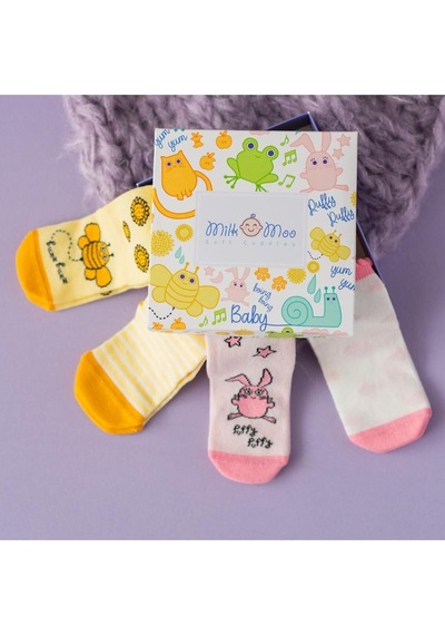 Milk & Moo Bebek Çorabı 4'lü Set Arı Vız Vız ile Çançin 0-12 Yaş