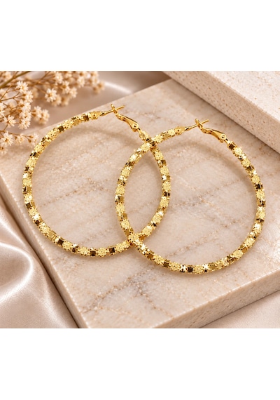 Premium Parlak Ve Şık Gold Renk Taş Dokulu Büyük Halka Kadın Çelik Küpe Altın