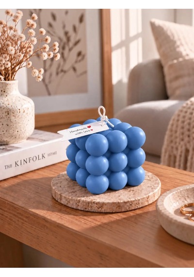 Mumelia Bubble Küp Doğal Soya Dekoratif Blok Mum - Büyük Boy - Mavi
