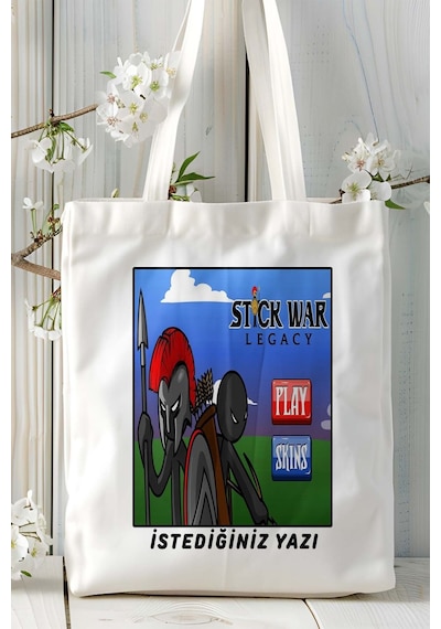 Art Hediye Stick War Mobil Oyun Baskılı Bez Çanta Omuz Çantası Çift Tafaflı Baskı Kişiye Özel 4 Çok Renkli
