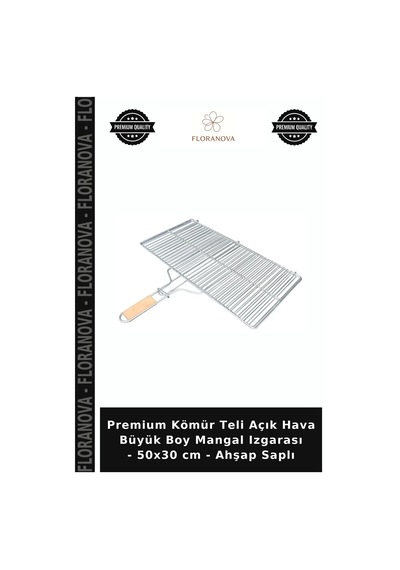 Premium Kömür Teli Açık Hava Büyük Boy Mangal Izgarası - 50x30 Cm - Ahşap Saplı