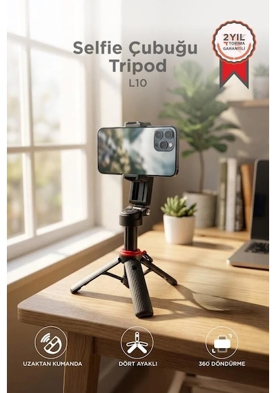 Tripod Çok Amaçlı 360 Derece Kumandalı Selfie Çubuğu L10 Siyah Mobil Ayak Çekim Aleti Yayın Aparatı