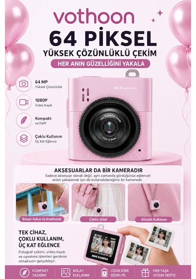 Mini Dijital Kamera 64mp 16x Digital Zoom Retro Vintage 1.4 Ekranlı Video Kamera Taşınabilir Tasarım Pembe Çok Renkli