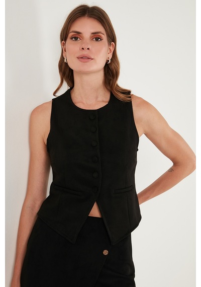 Lela Fitted Fit Bisiklet Yaka Düğmeli Yumuşak Dokulu Bayan Yelek 5866435 Siyah
