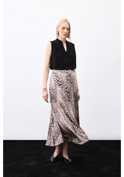 Sateen Leopar Desenli Uzun Etek - Kahve-136780 Kahve