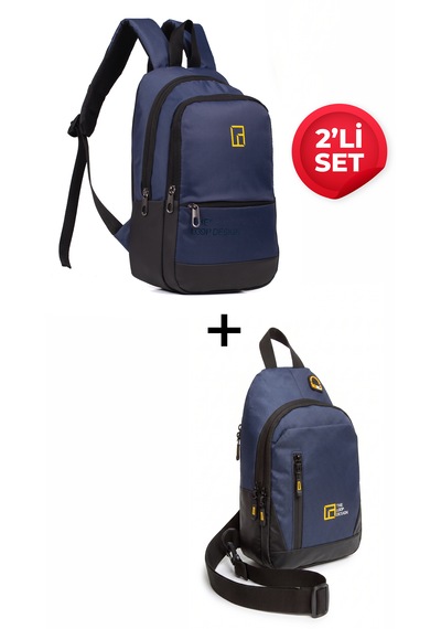 Esvelans Unisex Mini Sırt Çantası Ve Çapraz Askılı Göğüs Omuz Çantası Body Bag Set Lacivert