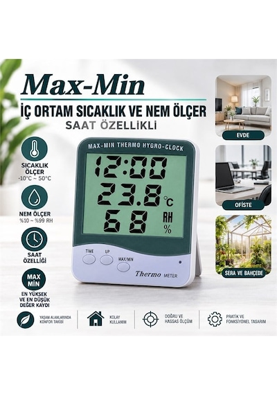 Powermaster Pm-6233 Dijital Termometre Oda Tipi Ekranlı Sıcaklık Saatli Nem Ölçer