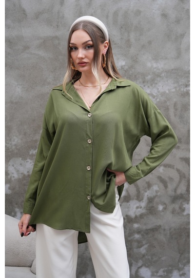 Polologin Butik Haki Yeşil Dökümlü Gömlek Haki