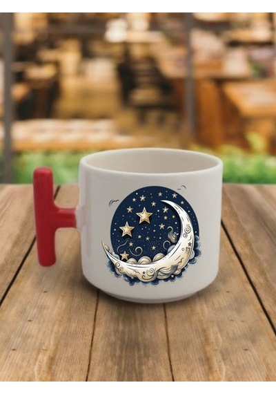 Ay Ve Yıldızlar Temalı Kahve Bardağı Kupa Bardak - Seramik Çay, Kahve Hediyelik Bardağı Beyaz