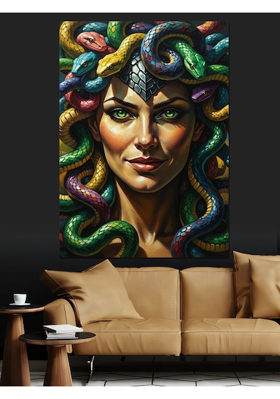 Ahşap Tablo Renkli Yılan Saçlı Medusa Portresi İllüstrasyonu