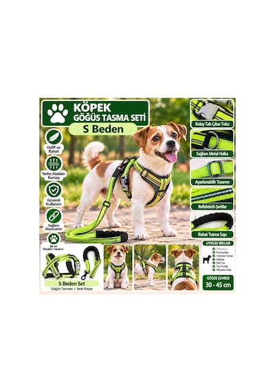 Senye Köpek Göğüs Tasması Seti Reflektörlü S Beden - Yeşil Göğüs 30-45 Cm Çok Renkli