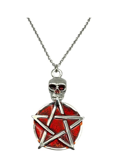 Kırmızı Skull Pentagram Gothic Figürlü Unisex Kolye 60 Cm Zincirli Gotik, Antik Ve Mistik Tasarım Çok renkli