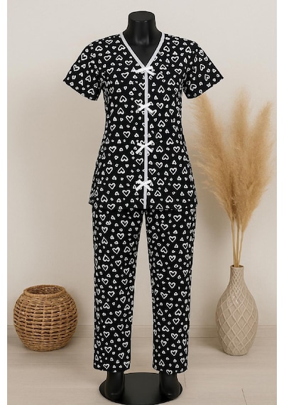 Moda Dua Kadın Siyah Beyaz Desenli Fiyonklu Kısa Kollu Pijama Takımı