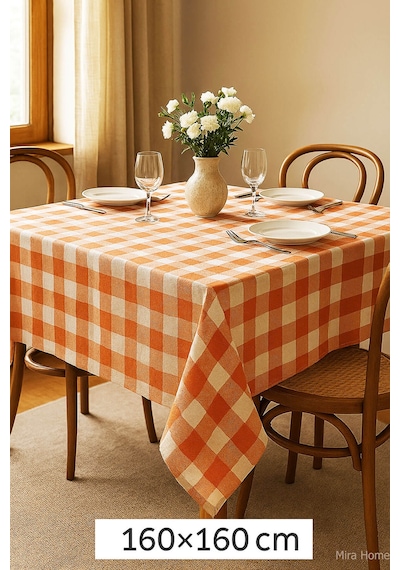 Mira Home Kareli Masa Örtüsü Sofra Bezi 160x160 Cm Happytime Turuncu