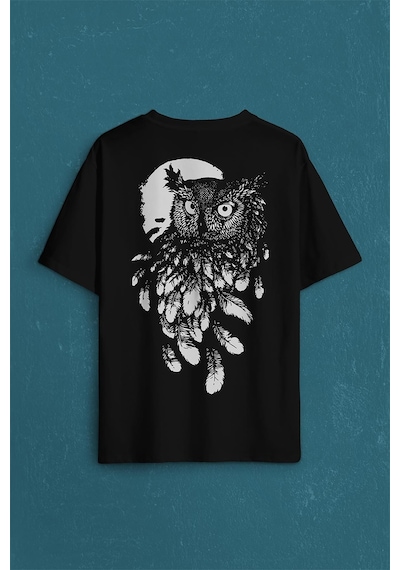 Baykuş Dolunay Owl Sırt Ön Baskılı Oversize Tişört Unisex T-shirt 001