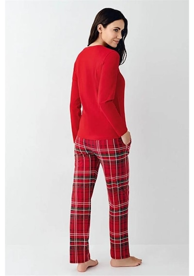 Arnetta %100 Pamuk Ekose Yılbaşı Konsept Bayan Pijama Takım Kırmızı