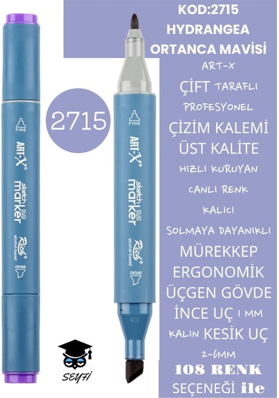 Çift Taraflı Profesyonel Çizim Kalemi Kalıcı Mürekkep Üçgen Gövde İnce Uç 1 Mm Kesik Uç 2-6mm Sketch 2715-ortanca Mavi