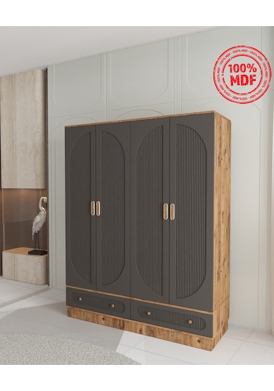 Soho 4 Kapaklı Çekmeceli Bazalı Gardırop - Tamamı Mdf Antrasit