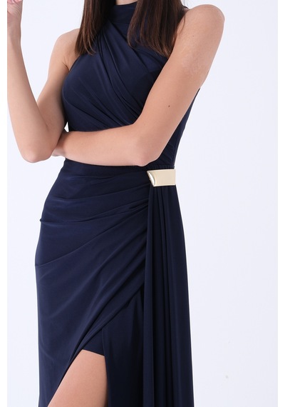 Feminist Lacivert Halter Yaka Drapeli Beli Gold Toka Detaylı Straplez Abiye 9705862