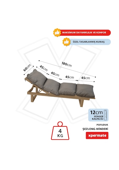 Xpermate Pofuduk Şezlong Minderi 60x180x12cm Su İtici, Antrasit