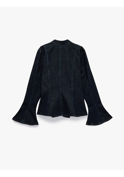 Koton Dik Yaka Uzun İspanyol Kollu Fermuarlı Peplum Denim Ceket Napolyon Kapamalı Raw 7wal50039md 63x