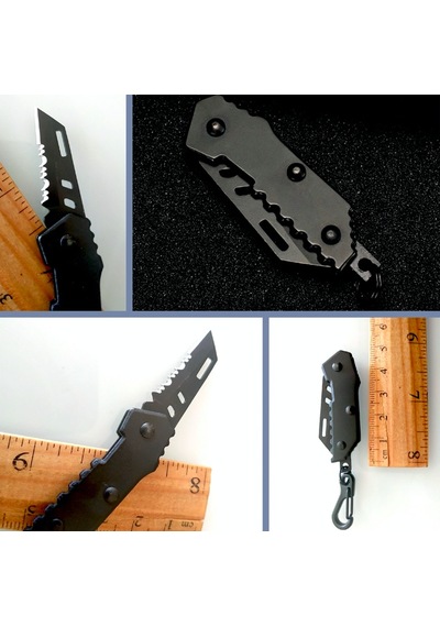 Omeniv Mini Çelik Kamp Çakı Kamp Bıçak Testere Karabiner Anahtarlık Kolye Siyah