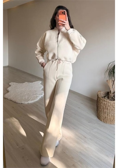 Neşeli Butik Kadın Oversize 3 İplik Cepli Eşofman Takımı Nm029 Bej