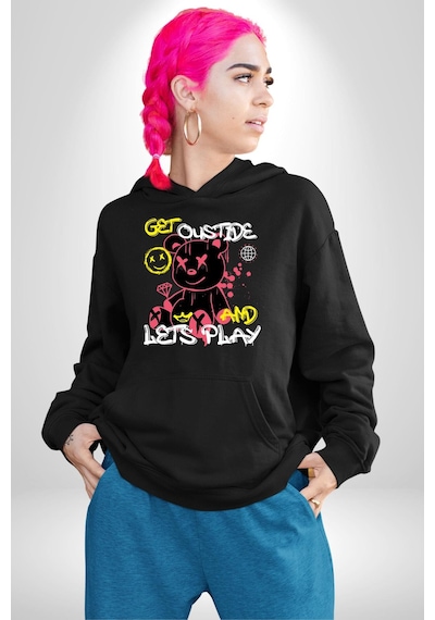 Dışarı Çık Ve Oynayalım Teddy Kadın Erkek Siyah Kapüşonlu Sweatshirt Hoodie Siyah
