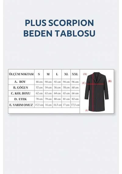 Plus Scorpion Erkek Uzun Kaşe Kaban İtalyan Kesim Slim Fit Şık Model Taba