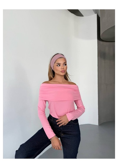 Kechi Woman Dalgıç Kumaş Madonna Yaka Pembe Bluz