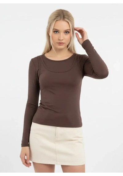 Park Karon 26031 Kadın Geniş Yaka Slim Fit Tasrım Modal Penye Bluz Kahve