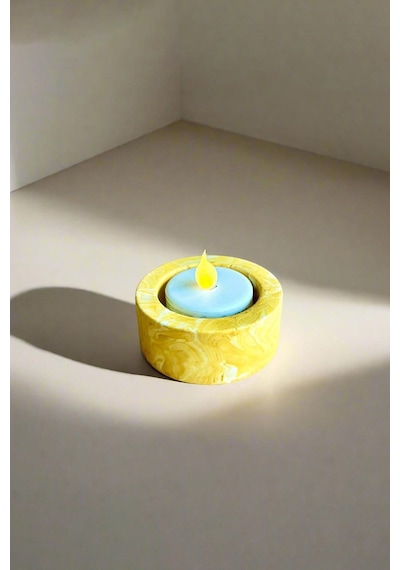 Dekoratif Sarı Mermer Desenli Beton Şamdan El Yapımı Tealight Mumluk 3 Adet Sarı
