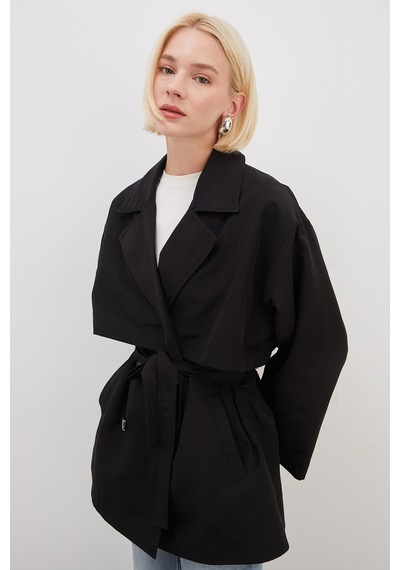 Fullamoda Pelerinli Kuşaklı Geniş Kol Oversize Trençkot Siyah