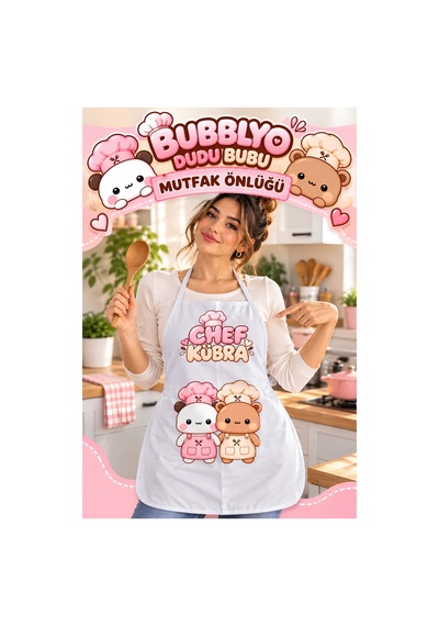Dudu Bubu Kişiye Özel İsimli Mutfak Önlüğü Beyaz Beyaz