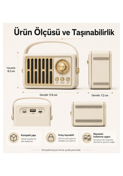 Retro Kablosuz Hoparlör Fm Radyo Usb Destekli Taşınabilir Askılı Şarjlı Bluetooth Speaker 5w
