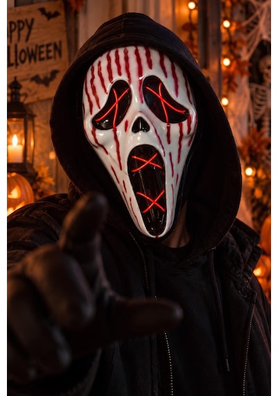 Kırmızı Neon Işıklı Çığlık Maskesi Cadılar Bayramı Halloween Korku Maskesi Tüm Yaşlar
