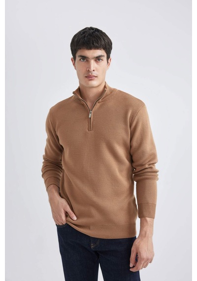 Defacto Standart Fit Normal Kesim Bato Yaka Fermuarlı Basic Düz Triko Kazak A5184AX24AUBN155 Kahverengi