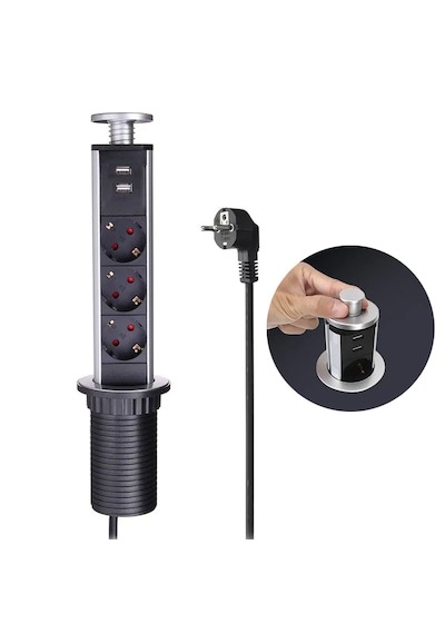 Manuel Asansörlü Gizlenebilir Gömme Grup Priz 16a 1.8 Mt Kablolu 2 Usb Li 3 Lü Grup Priz 60mm 1.8 M
