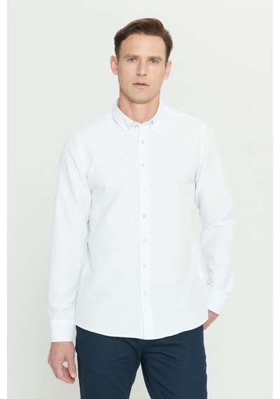 AC&Co / Altınyıldız Classics Erkek Beyaz Slim Fit Dar Kesim Düğmeli Gömlek Yaka Uzun Kollu Gömlek Beyaz