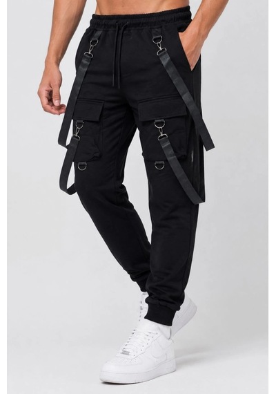 Assema Erkek Techwear Şerit Aksesuarlı Ön Kapak Cep Detaylı Jogger Eşofman Altı - Siyah Çok Renkli