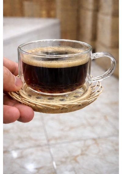 Qerhome 6'lı Borosilikat Cam Bambu El Yapımı Rattan Tabaklı Çay Ve Kahve Fincanı180 Ml Şeffaf