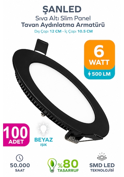 6w Tasarruflu Led Yuvarlak Siyah Kasa Beyaz Işık Sıva Altı Panel Aydınlatma Armatürü 100 Adettir
