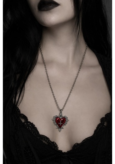 Gotik Kırmızı Kalp Haç Detaylı Kolye Unisex Metal Zincir Çok renkli