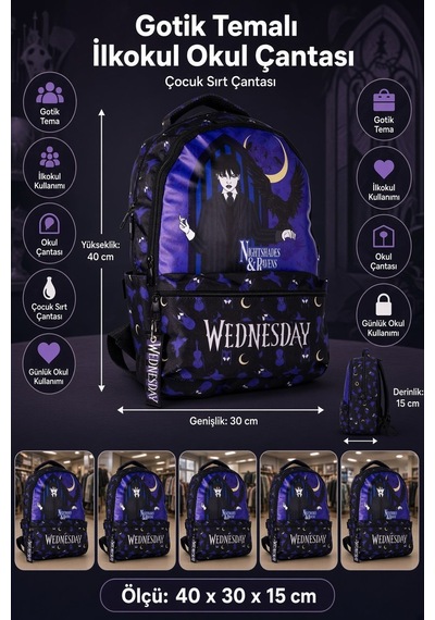 Wednesday İlkokul Okul Çantası Çocuk Sırt Çantası Günlük Kullanım 40 X 30 X 15 Cm Çok Renkli