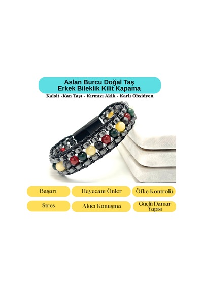 Sertifikalı Aslan Burcu Disk Model Doğal Taş Erkek Bileklik Mıknatıslı Kilit Çok Renkli