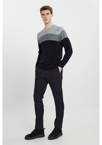 AC&Co / Altınyıldız Classics Erkek Grı-sıyah Standart Fit Normal Kesim Bisiklet Yaka Colorblock Desenli Triko Kazak Grı-sıyah