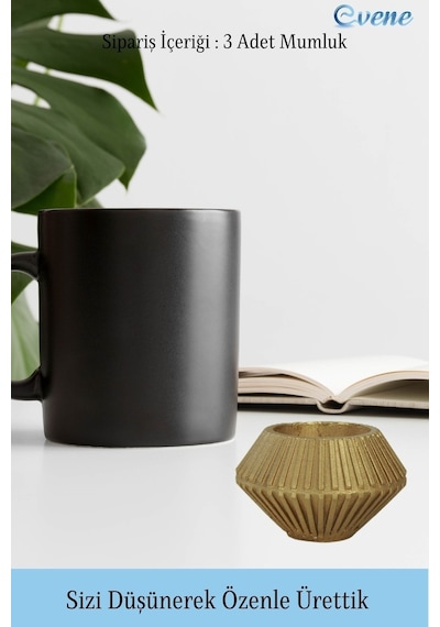 Mumluk Şamdan 3 Adet Tealight Uyumlu Elmas Çizgili Model - Altın