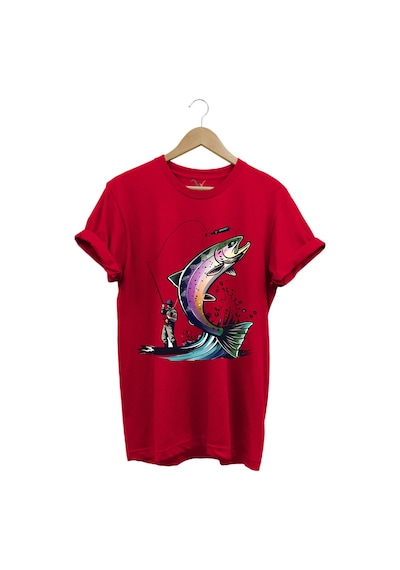 Balık Avı Baskılı Fishing Olta İle Balık Tutmak Turna Levrek Balığı Regular Fit %100 Pamuk Tişört Kırmızı
