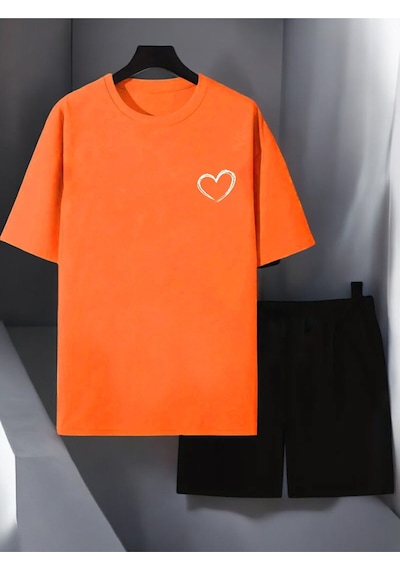 Uyguntarz Unisex Cep Kalp Baskılı Tasarım Şort Takım Turuncu